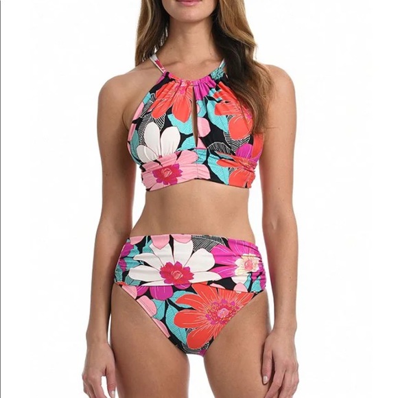 La Blanca Full Bloom Print Midkini Top/Mid Waist Sash Band Tummy Control Bottom - Picture 1 of 15